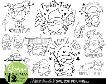 Paquete SVG de Gnomo de Navidad alemán: Frohes Fest Cricut, Silhouette (Descarga digital)