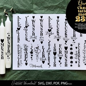 Plotterdatei Kerzentexte Kerze Design SVG PNG Glückslicht | bund Deutsche Wörter | Schnittdatei Deutscher Schriftzug Kerze Design svg png dxf eps