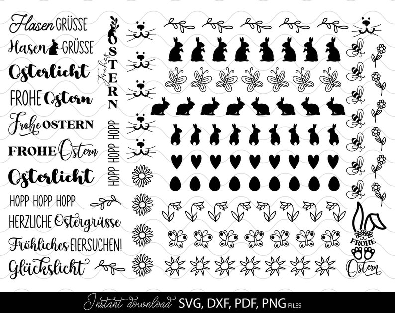 Bundle German Words Ostern Plotter Files for Candle Texts and Ostern Candle Tattoo Designs. Use with water slide paper. With Cricut, Silhouette or Glowforge as well. SVG, DXF, PDF and PNG files included. Buy now for a good price and enjoy!