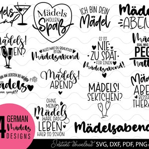 Könnte beinhalten: Ein Set mit 14 schwarz-weißen digitalen Designs mit deutschen Sprüchen zum Thema Mädelsabend. Die Sprüche beinhalten "Mädelsabend", "Mädels! Sektchen?", "Mädels wollen Spaß" und "Ich bin dein Mädel".