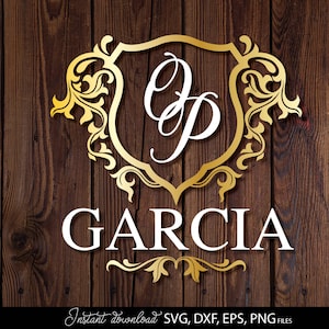 May include: A gold-colored crest featuring ornate filigree scrollwork surrounding the white script letters OP, positioned above the white text GARCIA in a serif font. The design includes decorative flourishes at the top and bottom.