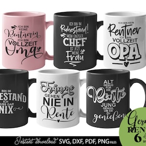 Kreatives Rentner SVG Bundle mit deutschen Sprüchen rund um Ruhestand, Rente und humorvolle Lebensweisheiten. Enthält moderne Typografie Designs wie „Ich bin im Ruhestand“, „Vollzeit Opa“, „Alt genug für die Rente“ sowie dekorative Schriftzüge für Männer und Frauen. Ideal für DIY Projekte wie T-Shirts, Tassen, Geschenke zum Renteneintritt oder personalisierte Dekoration. Perfekt geeignet für Plotterarbeiten mit stilvollen und lustigen Designs für den neuen Lebensabschnitt.