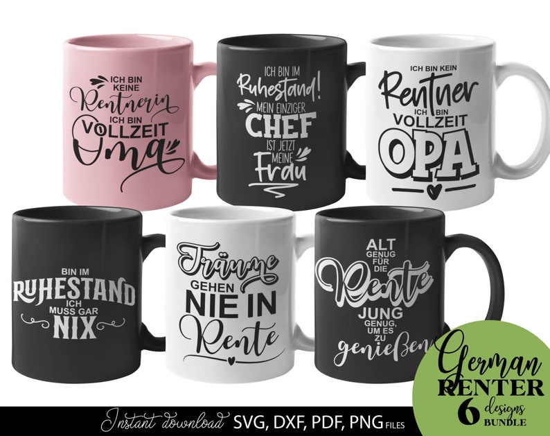 Kreatives Rentner SVG Bundle mit deutschen Sprüchen rund um Ruhestand, Rente und humorvolle Lebensweisheiten. Enthält moderne Typografie Designs wie „Ich bin im Ruhestand“, „Vollzeit Opa“, „Alt genug für die Rente“ sowie dekorative Schriftzüge für Männer und Frauen. Ideal für DIY Projekte wie T-Shirts, Tassen, Geschenke zum Renteneintritt oder personalisierte Dekoration. Perfekt geeignet für Plotterarbeiten mit stilvollen und lustigen Designs für den neuen Lebensabschnitt.