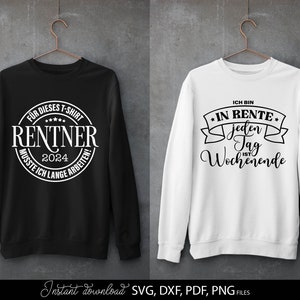 Rentner SVG Bundle mit 11 humorvollen deutschen Sprüchen und Designs rund um Rente und Ruhestand. Enthält Motive wie Endlich Rentner 2024, Ich bin in Rente, Rentner musste lange arbeiten sowie kreative Typografie mit Krone, Herz und Sonnenbrille. Modernes schwarz weiß Design eignet sich perfekt für T-Shirts, Tassen, Geschenke und DIY Projekte zum Ruhestand. Ideal für Plotter Dateien zur Gestaltung persönlicher Rentner Geschenke und witziger Dekoration.