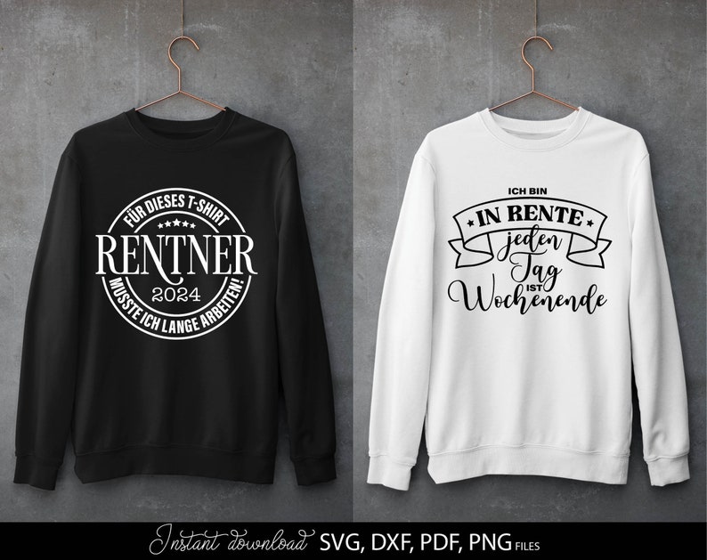 Rentner SVG Bundle mit 11 humorvollen deutschen Sprüchen und Designs rund um Rente und Ruhestand. Enthält Motive wie Endlich Rentner 2024, Ich bin in Rente, Rentner musste lange arbeiten sowie kreative Typografie mit Krone, Herz und Sonnenbrille. Modernes schwarz weiß Design eignet sich perfekt für T-Shirts, Tassen, Geschenke und DIY Projekte zum Ruhestand. Ideal für Plotter Dateien zur Gestaltung persönlicher Rentner Geschenke und witziger Dekoration.