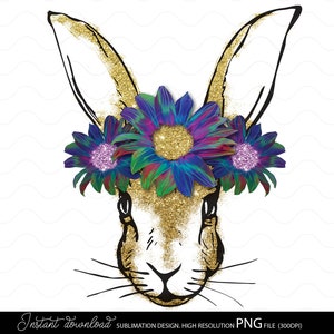 Clipart di faccia di coniglio tedesco pasquale png, Faccia di coniglio divertente png, Coniglio con ghirlanda di fiori png per disegni a sublimazione png, Clipart di faccia di coniglio
