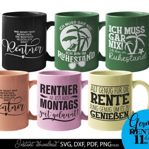 Humorvolles SVG Bundle mit Rentner Sprüchen und kreativen Typografie Designs rund um Ruhestand, Rente und Lebensfreude. Enthält verschiedene Schriftzüge mit lustigen Aussagen, dekorativen Elementen wie Palmen, Sonnen, Werkzeugen und verspielten Fonts. Perfekt geeignet für DIY Projekte wie T-Shirts, Tassen, Geschenke oder personalisierte Dekoration zum Renteneintritt. Ideal als Plotter Datei für kreative Designs mit Humor und Motivation für den neuen Lebensabschnitt.