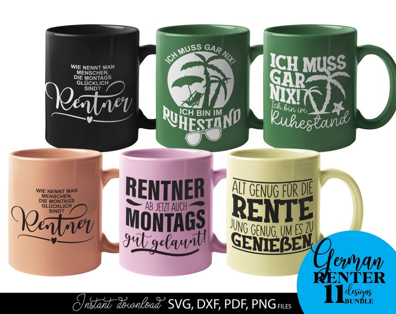 Humorvolles SVG Bundle mit Rentner Sprüchen und kreativen Typografie Designs rund um Ruhestand, Rente und Lebensfreude. Enthält verschiedene Schriftzüge mit lustigen Aussagen, dekorativen Elementen wie Palmen, Sonnen, Werkzeugen und verspielten Fonts. Perfekt geeignet für DIY Projekte wie T-Shirts, Tassen, Geschenke oder personalisierte Dekoration zum Renteneintritt. Ideal als Plotter Datei für kreative Designs mit Humor und Motivation für den neuen Lebensabschnitt.