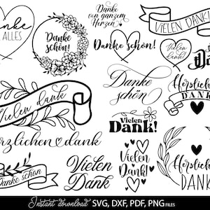 17 German plotter files Thank You signs bundle. SVG, PNG, DXF, EPS files included. Use for cutting from vinyl, sublimation or laser cut files. Compatible with Cricut, Silhouette or other equipment. Buy now for a good price and enjoy!