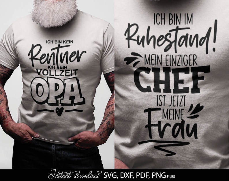 Kreatives Rentner SVG Bundle mit deutschen Sprüchen rund um Ruhestand, Rente und humorvolle Lebensweisheiten. Enthält moderne Typografie Designs wie „Ich bin im Ruhestand“, „Vollzeit Opa“, „Alt genug für die Rente“ sowie dekorative Schriftzüge für Männer und Frauen. Ideal für DIY Projekte wie T-Shirts, Tassen, Geschenke zum Renteneintritt oder personalisierte Dekoration. Perfekt geeignet für Plotterarbeiten mit stilvollen und lustigen Designs für den neuen Lebensabschnitt.