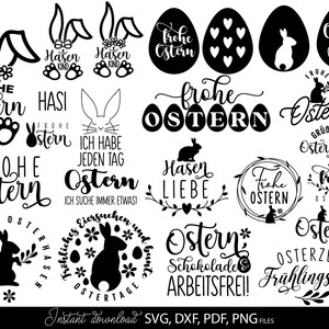 Easter SVG bundle featuring decorative German quotes and playful bunny themed designs in clean black line style. The set includes phrases like Frohe Ostern, Oster Grüße and Hasi, combined with rabbit silhouettes, bunny ears, Easter eggs, floral wreaths and spring elements. Typography varies from modern script to bold lettering, suitable for seasonal crafts. Ideal for Easter decorations, greeting cards, t-shirts, mugs, kids projects and Cricut or cutting machine use with a charming festive spring