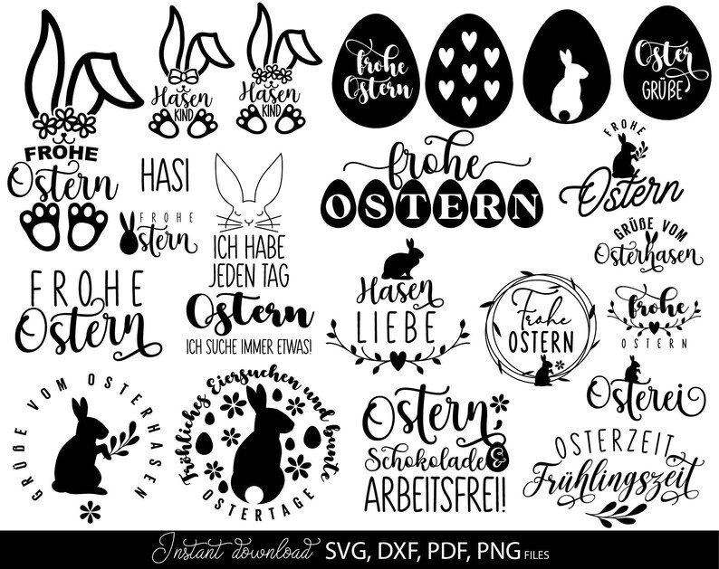 Easter SVG bundle featuring decorative German quotes and playful bunny themed designs in clean black line style. The set includes phrases like Frohe Ostern, Oster Grüße and Hasi, combined with rabbit silhouettes, bunny ears, Easter eggs, floral wreaths and spring elements. Typography varies from modern script to bold lettering, suitable for seasonal crafts. Ideal for Easter decorations, greeting cards, t-shirts, mugs, kids projects and Cricut or cutting machine use with a charming festive spring