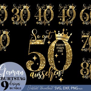 Komplettes Geburtstagsdesign-Bundle mit „So gut kann man aussehen“-Motiven für 20, 30, 40, 50, 60, 70, 80 und 90 Jahre. Jedes Design mit Krone und funkelnden Sternen verziert. Perfekt für kreative Projekte wie Textildruck, Tassen, Karten oder Partydeko. Eine vielseitige Sammlung, die Eleganz, Humor und festliche Stimmung in DIY Projekte bringt.