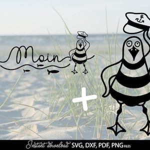 Puede incluir: Dibujo de una gaviota de dibujos animados en blanco y negro con gorro de marinero con diseño de ancla, saludando. La palabra "Moin" está escrita en una fuente estilizada sobre una línea ondulada con peces. La imagen está sobre un fondo de playa.