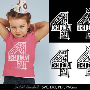 German kids birthday SVG bundle featuring numbers 1 to 9 with phrases like Ich bin 1, Ich bin 2, Ich bin 3 up to Ich bin 9 in decorative typography styles. Includes playful number designs filled with words and crown elements for children birthday themes. Perfect for kids birthday shirts, party outfits, custom clothing, mugs and DIY Cricut or Silhouette projects to create personalized birthday gifts and celebration designs for toddlers and young children.