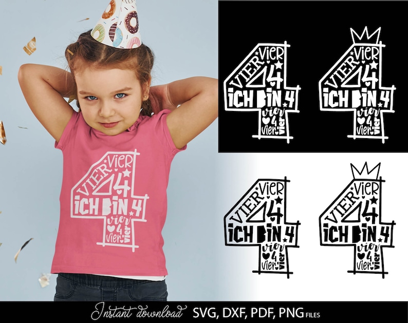 German kids birthday SVG bundle featuring numbers 1 to 9 with phrases like Ich bin 1, Ich bin 2, Ich bin 3 up to Ich bin 9 in decorative typography styles. Includes playful number designs filled with words and crown elements for children birthday themes. Perfect for kids birthday shirts, party outfits, custom clothing, mugs and DIY Cricut or Silhouette projects to create personalized birthday gifts and celebration designs for toddlers and young children.