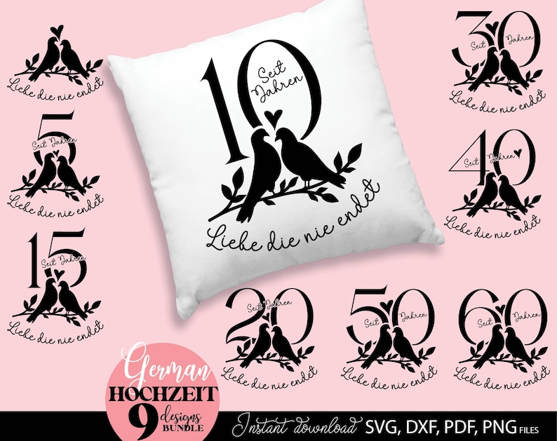 German Hochzeit plotterdatei Porzellanhochzeit Silberhochzeit Perlenhochzeit Svg Rubinhochzeit Goldene Hochzeit Diamanten Hochzeit Svg Png Dxf Png files included. Compatible with Cricut, Silhouette, Glowforge, sublimation, laser cut machines. Buy now