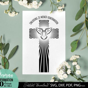 Konfirmation SVG Bundle mit christlichen Motiven wie Kreuz, Taube, Fischsymbol und Sprüchen wie „Einladung zur Konfirmation“, „Gottes Segen“ und „Herzlichen Glückwunsch“. Elegante und spirituelle Designs ideal für Karten, Einladungen oder Geschenke zur Konfirmation. Perfekt geeignet für DIY Projekte wie Drucke, Deko oder personalisierte Erinnerungsstücke für diesen besonderen religiösen Anlass.