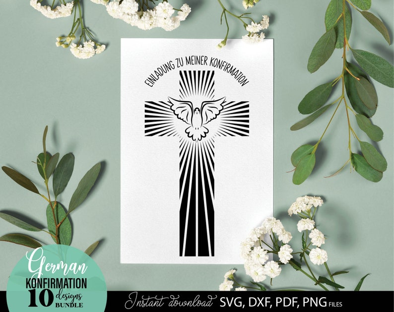 Konfirmation SVG Bundle mit christlichen Motiven wie Kreuz, Taube, Fischsymbol und Sprüchen wie „Einladung zur Konfirmation“, „Gottes Segen“ und „Herzlichen Glückwunsch“. Elegante und spirituelle Designs ideal für Karten, Einladungen oder Geschenke zur Konfirmation. Perfekt geeignet für DIY Projekte wie Drucke, Deko oder personalisierte Erinnerungsstücke für diesen besonderen religiösen Anlass.