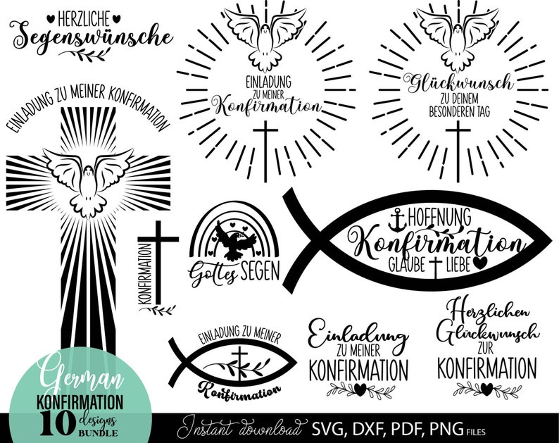 Konfirmation SVG Bundle mit christlichen Motiven wie Kreuz, Taube, Fischsymbol und Sprüchen wie „Einladung zur Konfirmation“, „Gottes Segen“ und „Herzlichen Glückwunsch“. Elegante und spirituelle Designs ideal für Karten, Einladungen oder Geschenke zur Konfirmation. Perfekt geeignet für DIY Projekte wie Drucke, Deko oder personalisierte Erinnerungsstücke für diesen besonderen religiösen Anlass.