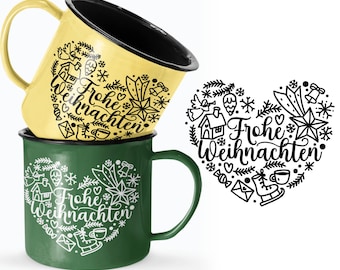 May include: Two green and yellow mugs with a heart-shaped design featuring the text "Frohe Weihnachten" in white and black. The design includes various Christmas-themed illustrations such as stars, bells, and a house.