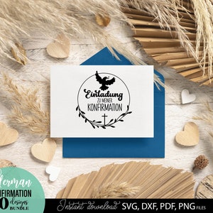 Konfirmation SVG Bundle mit christlichen Symbolen wie Taube, Kreuz, Herz und inspirierenden Sprüchen wie „Einladung zur Konfirmation“, „Herzlichen Glückwunsch“ und „Alles Liebe“. Stilvolle und moderne Designs ideal für Karten, Einladungen, Deko oder personalisierte Geschenke. Perfekt geeignet für DIY Projekte rund um Kirche, Glauben und besondere religiöse Anlässe wie Konfirmation.