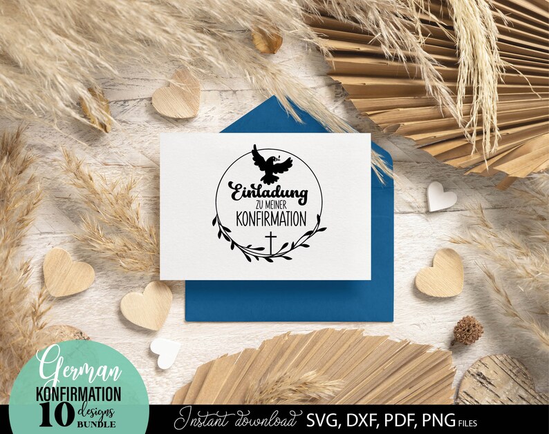 Konfirmation SVG Bundle mit christlichen Symbolen wie Taube, Kreuz, Herz und inspirierenden Sprüchen wie „Einladung zur Konfirmation“, „Herzlichen Glückwunsch“ und „Alles Liebe“. Stilvolle und moderne Designs ideal für Karten, Einladungen, Deko oder personalisierte Geschenke. Perfekt geeignet für DIY Projekte rund um Kirche, Glauben und besondere religiöse Anlässe wie Konfirmation.
