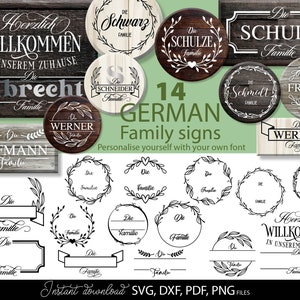 May include: A set of 14 German family signs with a rustic wood grain background. The signs feature various surnames, including Albrecht, Schneider, Schulz, Werner, Hofmann, Franke, and Schmidt. The signs are customisable with your own font.