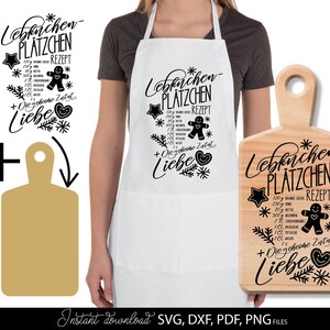 Lebkuchen-Plätzchen Rezept SVG Design mit liebevoll gestalteter Schrift und niedlichem Lebkuchenmann, ideal für Küchenschürzen, Backbretter oder Weihnachtsdekoration. Perfekte digitale Datei zum Basteln, Plotten oder Bedrucken von Textilien für die Weihnachtsbäckerei. Enthält Zutatenliste und Spruch „Die geheime Zutat ist Liebe