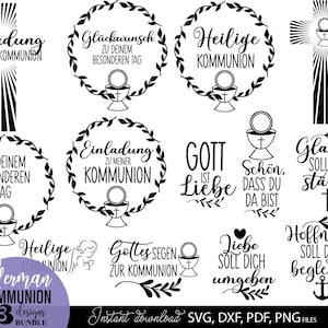 Prima Kommunion tedesca Plottrdatei Svg Dxf Png - Colomba Pesce Pane Vino Bibbia Candela Banner Croce - Christen tedesco Plotterdatei