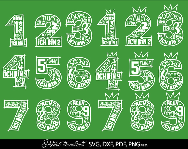 German kids birthday SVG bundle featuring numbers 1 to 9 with phrases like Ich bin 1, Ich bin 2, Ich bin 3 up to Ich bin 9 in decorative typography styles. Includes playful number designs filled with words and crown elements for children birthday themes. Perfect for kids birthday shirts, party outfits, custom clothing, mugs and DIY Cricut or Silhouette projects to create personalized birthday gifts and celebration designs for toddlers and young children.