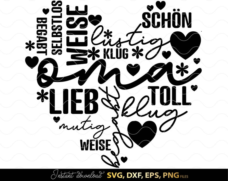 Typografie SVG Design für Oma mit liebevollen deutschen Worten wie Oma, lieb, klug, mutig, weise, lustig und toll in dekorativer Schrift kombiniert mit Herzen und floralen Elementen. Harmonisches Layout als Geschenkidee für Großmutter geeignet für DIY Projekte wie Tassen, Kissen, Wanddeko oder personalisierte Geschenke. Perfekt als Plotter Datei zur Erstellung von emotionalen Designs für Familie und besondere Anlässe wie Geburtstag oder Muttertag.