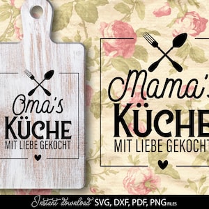 May include: A white wooden cutting board with a handle, featuring the text "Oma's Küche" and "Mit Liebe Gekocht" in black, along with a crossed fork and spoon design. A heart is below the text. The background is a floral pattern.