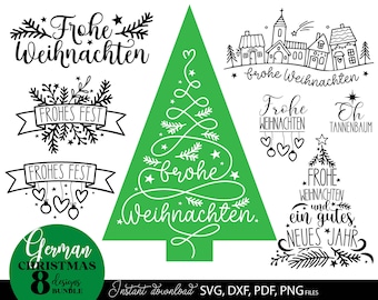 May include: A set of 8 German Christmas designs in black and white with a green Christmas tree. The designs include the words "Frohe Weihnachten", "Frohes Fest", "Oh Tannenbaum", and "Frohe Weihnachten und ein gutes Neues Jahr".