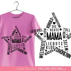Typografisches Herz Design mit deutschen Worten rund um Mama wie beste Mama, liebevoll, Familie, Zuhörerin und Heldin. Das Motiv ist in Herzform gestaltet und eignet sich ideal für kreative Projekte wie T-Shirts, Geschenke zum Muttertag oder persönliche DIY Dekorationen. Die Kombination aus modernen Schriftarten und liebevollen Begriffen macht dieses Design perfekt, um Wertschätzung und Liebe zur Mutter stilvoll auszudrücken.