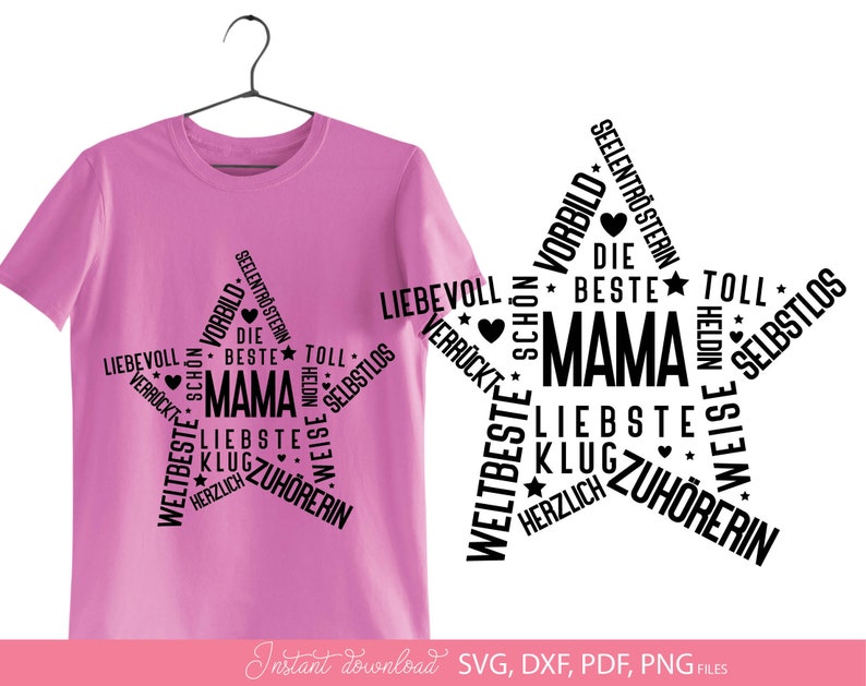 Typografisches Herz Design mit deutschen Worten rund um Mama wie beste Mama, liebevoll, Familie, Zuhörerin und Heldin. Das Motiv ist in Herzform gestaltet und eignet sich ideal für kreative Projekte wie T-Shirts, Geschenke zum Muttertag oder persönliche DIY Dekorationen. Die Kombination aus modernen Schriftarten und liebevollen Begriffen macht dieses Design perfekt, um Wertschätzung und Liebe zur Mutter stilvoll auszudrücken.