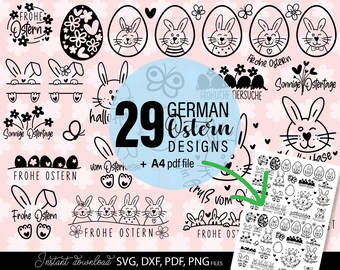 イースターSVGバンドル、バニーデザイン、Cricutクラフト用のドイツ語春の引用句、ドイツ語プロッターファイル