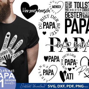 Papa SVG Bundle mit deutschen Sprüchen wie „Bester Papa“, „Coolster Papa“, „Papa ist mein Held“ und „Vatertag – Tag der Helden“. Enthält liebevolle und humorvolle Designs für Väter mit moderner Typografie und dekorativen Elementen. Perfekt geeignet für DIY Projekte wie T-Shirts, Tassen oder Geschenke zum Vatertag, Geburtstag oder als persönliche Überraschung für Papa.
