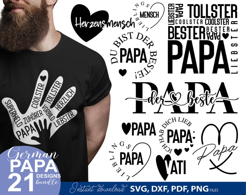 Papa SVG Bundle mit deutschen Sprüchen wie „Bester Papa“, „Coolster Papa“, „Papa ist mein Held“ und „Vatertag – Tag der Helden“. Enthält liebevolle und humorvolle Designs für Väter mit moderner Typografie und dekorativen Elementen. Perfekt geeignet für DIY Projekte wie T-Shirts, Tassen oder Geschenke zum Vatertag, Geburtstag oder als persönliche Überraschung für Papa.