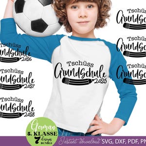 Graduation SVG bundle featuring German Tschüss Grundschule text designs with years 2025 to 2031 and pencil illustration elements. The typography combines playful handwritten style with school themed graphics, creating a meaningful graduation keepsake design. Perfect for creating t-shirts, gifts, school celebration items and DIY Cricut projects. Ideal for students finishing primary school and moving to the next stage, suitable for parents, teachers and graduation events.