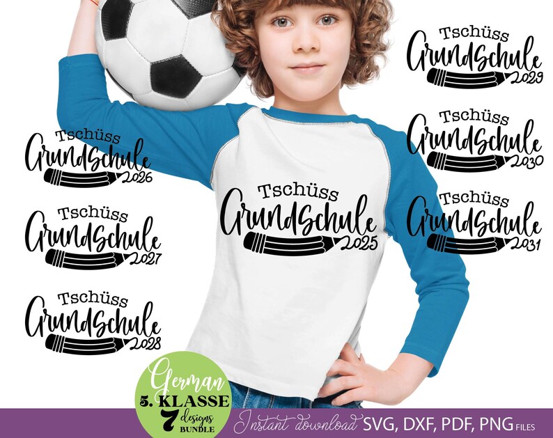 Graduation SVG bundle featuring German Tschüss Grundschule text designs with years 2025 to 2031 and pencil illustration elements. The typography combines playful handwritten style with school themed graphics, creating a meaningful graduation keepsake design. Perfect for creating t-shirts, gifts, school celebration items and DIY Cricut projects. Ideal for students finishing primary school and moving to the next stage, suitable for parents, teachers and graduation events.