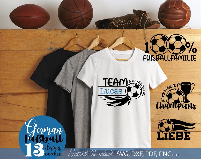 Fußball SVG Bundle mit deutschen Sprüchen für die ganze Familie wie „Stolzer Fußball Papa“, „Fußball Mama“, „Opa“, „Bruder“ und „Schwester“. Enthält sportliche Designs mit Fußball Motiven, Flammen, Pokalen und Team Sprüchen. Perfekt geeignet für DIY Projekte wie T-Shirts, Hoodies, Fan Kleidung oder Geschenke für Fußballfans, Familien und Vereinsmitglieder.