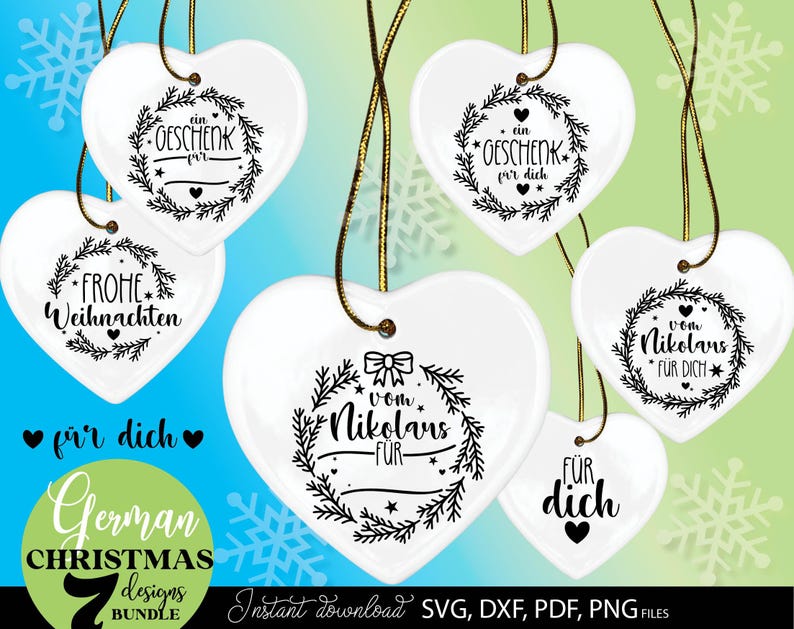 Sammlung aus sieben personalisierbaren Weihnachtsdesigns mit Tannenkränzen, Nikolaus Grüßen, Geschenkanhängern und festlichen Weihnachtsbotschaften. Die Motive zeigen dekorative Kränze aus Tannenzweigen, Herzen, Sterne, Schleifen und klassische Schriftzüge wie „Vom Nikolaus für dich“, „Ein Geschenk für dich“ und „Frohe Weihnachten“. Die elegante schwarzweiße Gestaltung verbindet moderne Handlettering Elemente mit traditioneller Weihnachtsoptik und eignet sich für Geschenke, Verpackungen.