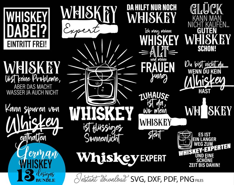 Whiskey SVG Bundle mit 13 humorvollen Spruch Designs rund um Whiskey Genuss und Lifestyle. Moderne Typografie kombiniert mit Gläsern, Flaschen und dekorativen Elementen verleiht jedem Motiv einen stilvollen und witzigen Charakter. Schwarz weiß Design sorgt für vielseitige Einsatzmöglichkeiten auf T Shirts, Hoodies, Bar Dekorationen und Geschenken. Perfekt für Whiskey Fans, Männergeschenke und kreative DIY Projekte mit Plotter oder Druck.