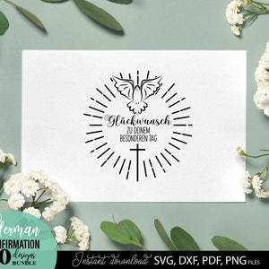 Konfirmation SVG Bundle mit christlichen Motiven wie Kreuz, Taube, Fischsymbol und Sprüchen wie „Einladung zur Konfirmation“, „Gottes Segen“ und „Herzlichen Glückwunsch“. Elegante und spirituelle Designs ideal für Karten, Einladungen oder Geschenke zur Konfirmation. Perfekt geeignet für DIY Projekte wie Drucke, Deko oder personalisierte Erinnerungsstücke für diesen besonderen religiösen Anlass.