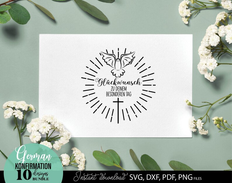 Konfirmation SVG Bundle mit christlichen Motiven wie Kreuz, Taube, Fischsymbol und Sprüchen wie „Einladung zur Konfirmation“, „Gottes Segen“ und „Herzlichen Glückwunsch“. Elegante und spirituelle Designs ideal für Karten, Einladungen oder Geschenke zur Konfirmation. Perfekt geeignet für DIY Projekte wie Drucke, Deko oder personalisierte Erinnerungsstücke für diesen besonderen religiösen Anlass.