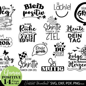 Op de afbeelding: Een verzameling van 14 Duitse positieve ontwerpafbeeldingen in zwart en wit. De ontwerpen bevatten motiverende zinnen en inspirerende citaten, zoals "Droom Groot" en "Wees Dapper". De ontwerpen zijn beschikbaar als SVG-, DXF-, PDF- en PNG-bestanden.
