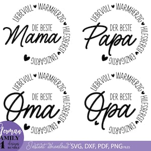 Könnte beinhalten: Vier schwarze und weiße kreisförmige Designs mit deutschem Text. Jedes Design zeigt einen Titel, "Die Beste" oder "Der Beste", gefolgt vom Wort "Mama", "Papa", "Oma" oder "Opa". Der Text ist von einem Kreis mit Wörtern in deutscher Sprache umgeben, darunter "Liebevoll", "Warmherzig", "Hilfsbereit" und "Einzigartig".