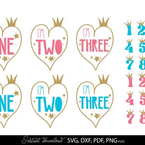 Numéros d'anniversaire pour enfants avec couronne en or 1-9 chiffres Png Svg, anniversaire enfant SVG, anniversaire princesse svg Birthday Girl Geburtstag plotterdatei