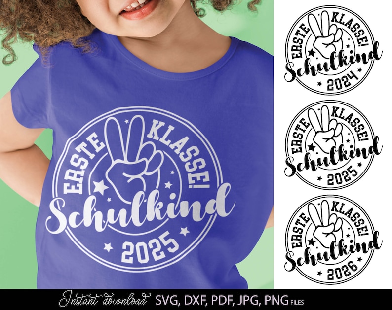 Einschulung Design für Schulkind 2026 mit dem Schriftzug Erste Klasse Schulkind in einem runden Layout. Das Motiv zeigt eine Hand mit Siegeszeichen und kombiniert moderne Typografie mit dekorativen Elementen. Ideal geeignet für T Shirts zum Schulanfang, Einschulung Geschenke und kreative DIY Projekte. Perfekt für Kinder, die ihren ersten Schultag feiern und ein besonderes Erinnerungsstück gestalten möchten.
